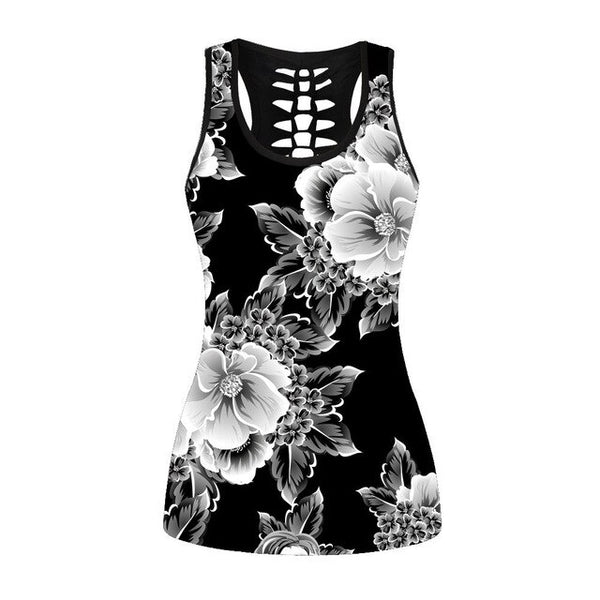 Ink Painting Women Sleeveless Tops White Flowers Tank Top Gothic Hollow Out Streetwear Vest Black | Vimost Shop.