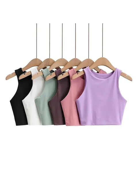 Sleeveless tops in muted colors