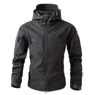 Black hooded zip-front jacket